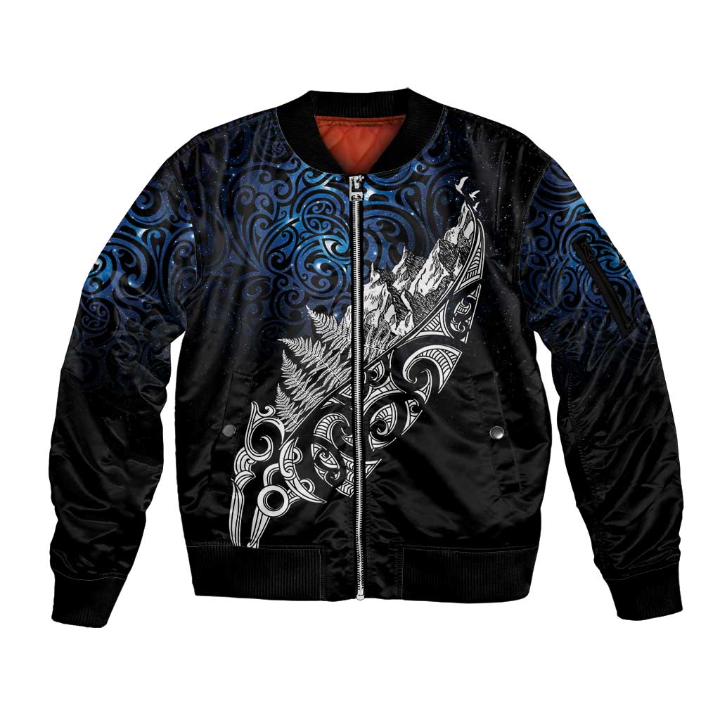 Maori Matariki Sleeve Zip Bomber Jacket Landscape Styled Fern - Galaxy