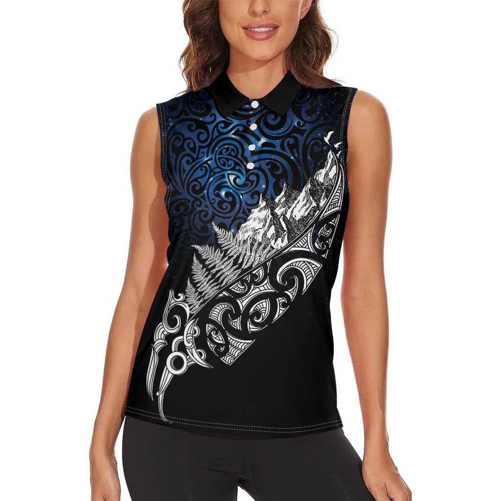 Maori Matariki Women Sleeveless Polo Shirt Landscape Styled Fern - Galaxy