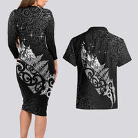 Maori Matariki Couples Matching Long Sleeve Bodycon Dress and Hawaiian Shirt Landscape Styled Fern - Monochrome