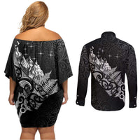 Maori Matariki Couples Matching Off Shoulder Short Dress and Long Sleeve Button Shirt Landscape Styled Fern - Monochrome