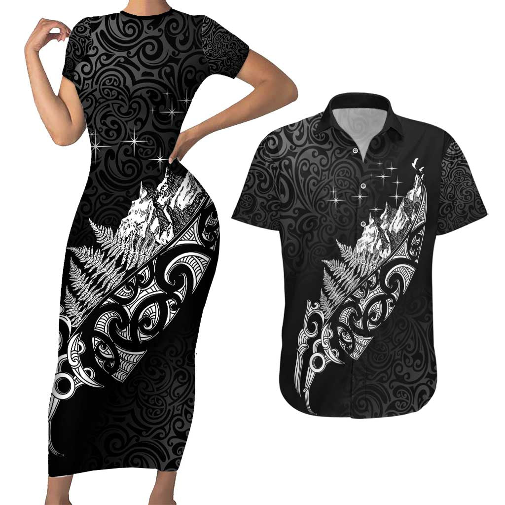 Maori Matariki Couples Matching Short Sleeve Bodycon Dress and Hawaiian Shirt Landscape Styled Fern - Monochrome