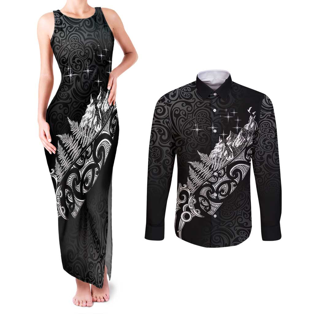 Maori Matariki Couples Matching Tank Maxi Dress and Long Sleeve Button Shirt Landscape Styled Fern - Monochrome