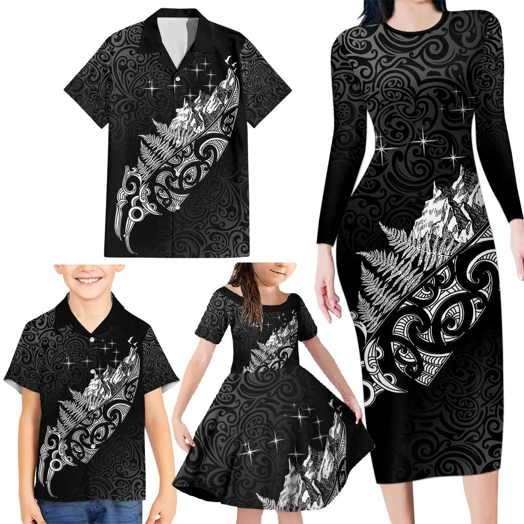 Maori Matariki Family Matching Long Sleeve Bodycon Dress and Hawaiian Shirt Landscape Styled Fern - Monochrome