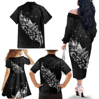 Maori Matariki Family Matching Off The Shoulder Long Sleeve Dress and Hawaiian Shirt Landscape Styled Fern - Monochrome