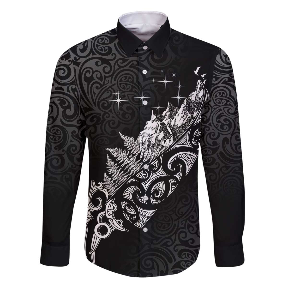 Maori Matariki Family Matching Off The Shoulder Long Sleeve Dress and Hawaiian Shirt Landscape Styled Fern - Monochrome