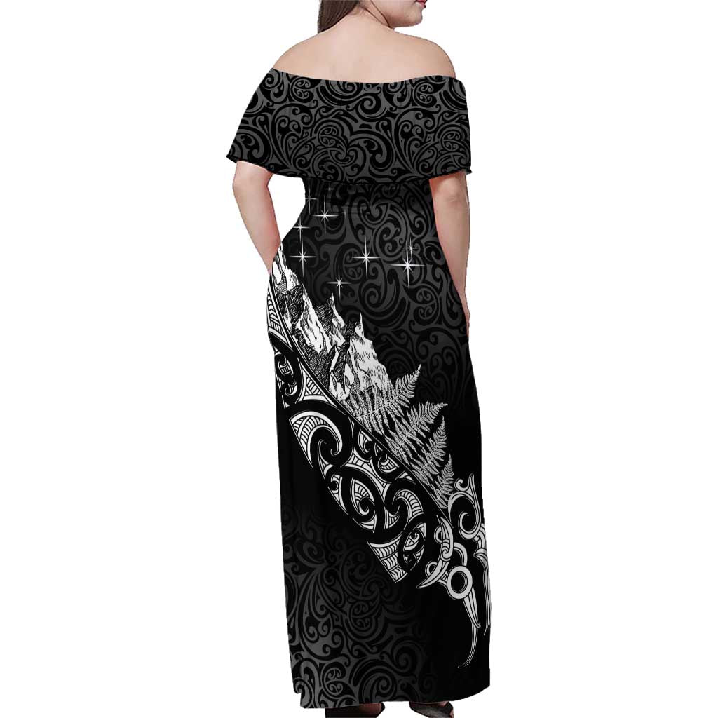 Maori Matariki Family Matching Off Shoulder Maxi Dress and Hawaiian Shirt Landscape Styled Fern - Monochrome