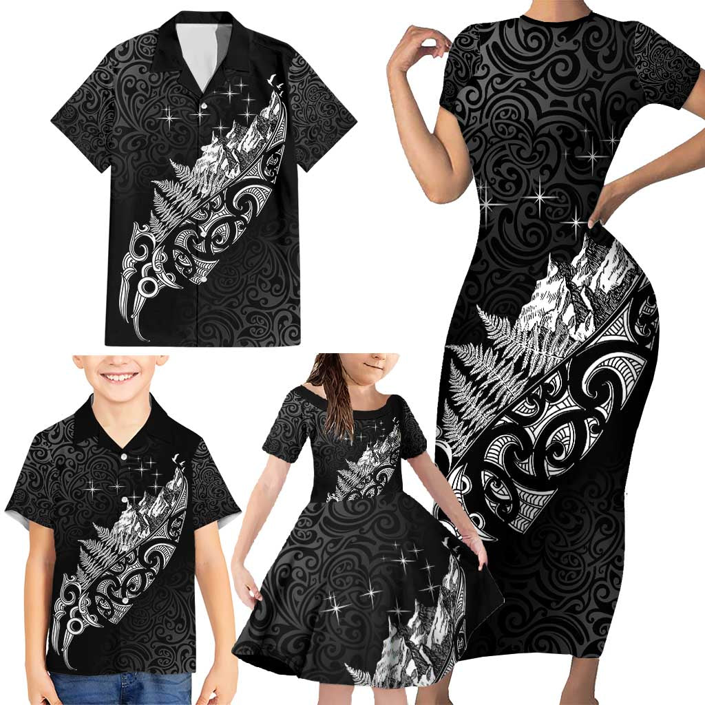 Maori Matariki Family Matching Short Sleeve Bodycon Dress and Hawaiian Shirt Landscape Styled Fern - Monochrome