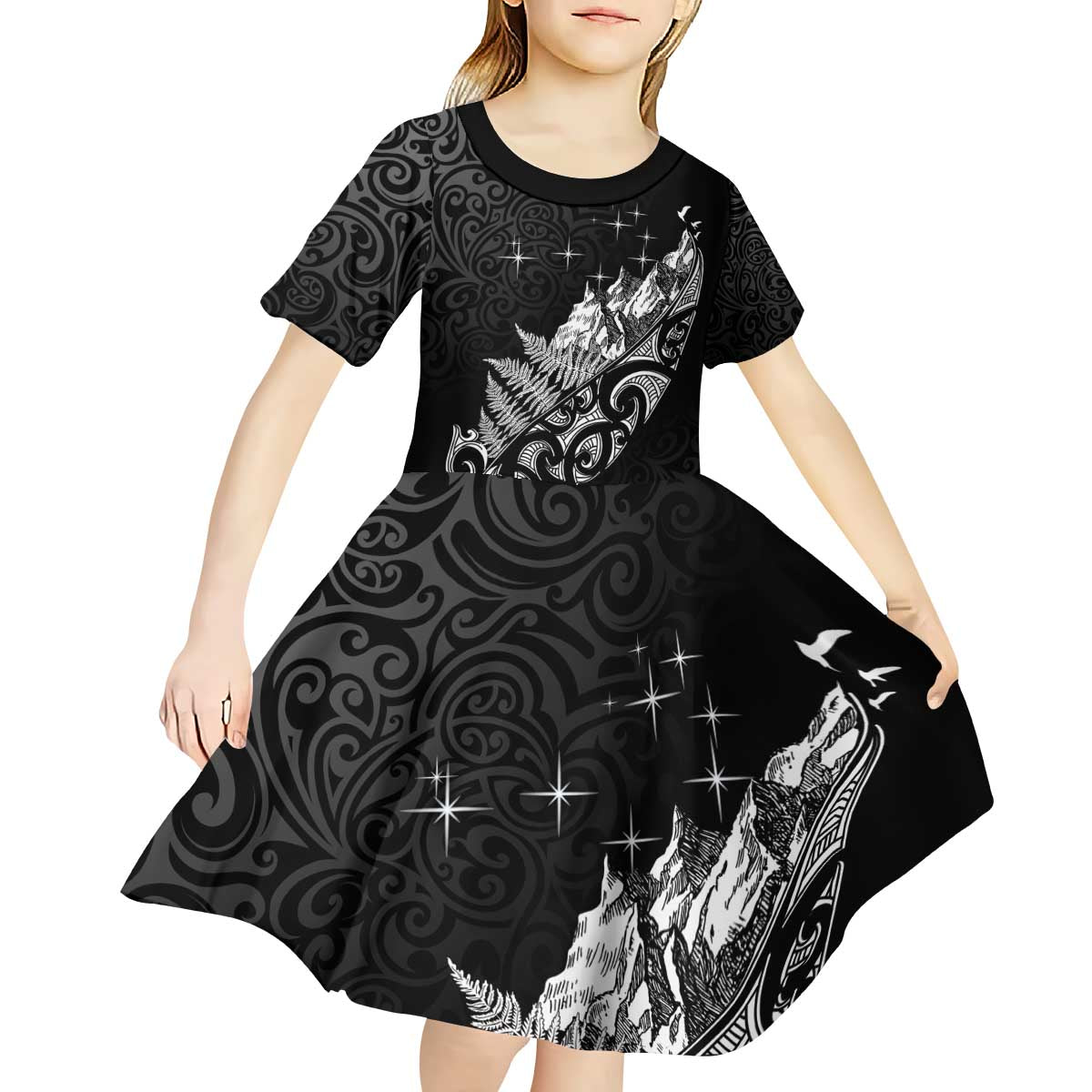 Maori Matariki Kid Short Sleeve Dress Landscape Styled Fern - Monochrome