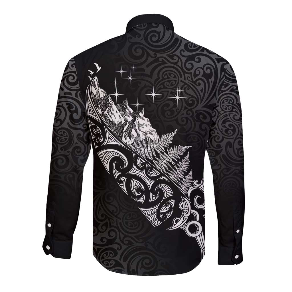 Maori Matariki Long Sleeve Button Shirt Landscape Styled Fern - Monochrome