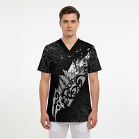 Maori Matariki Scrub Top Landscape Styled Fern - Monochrome - Polynesian Pride