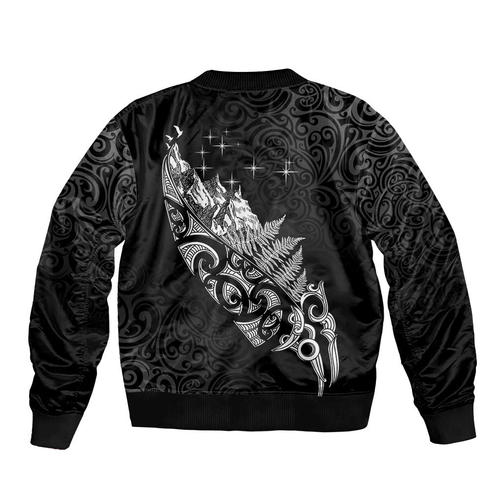 Maori Matariki Sleeve Zip Bomber Jacket Landscape Styled Fern - Monochrome