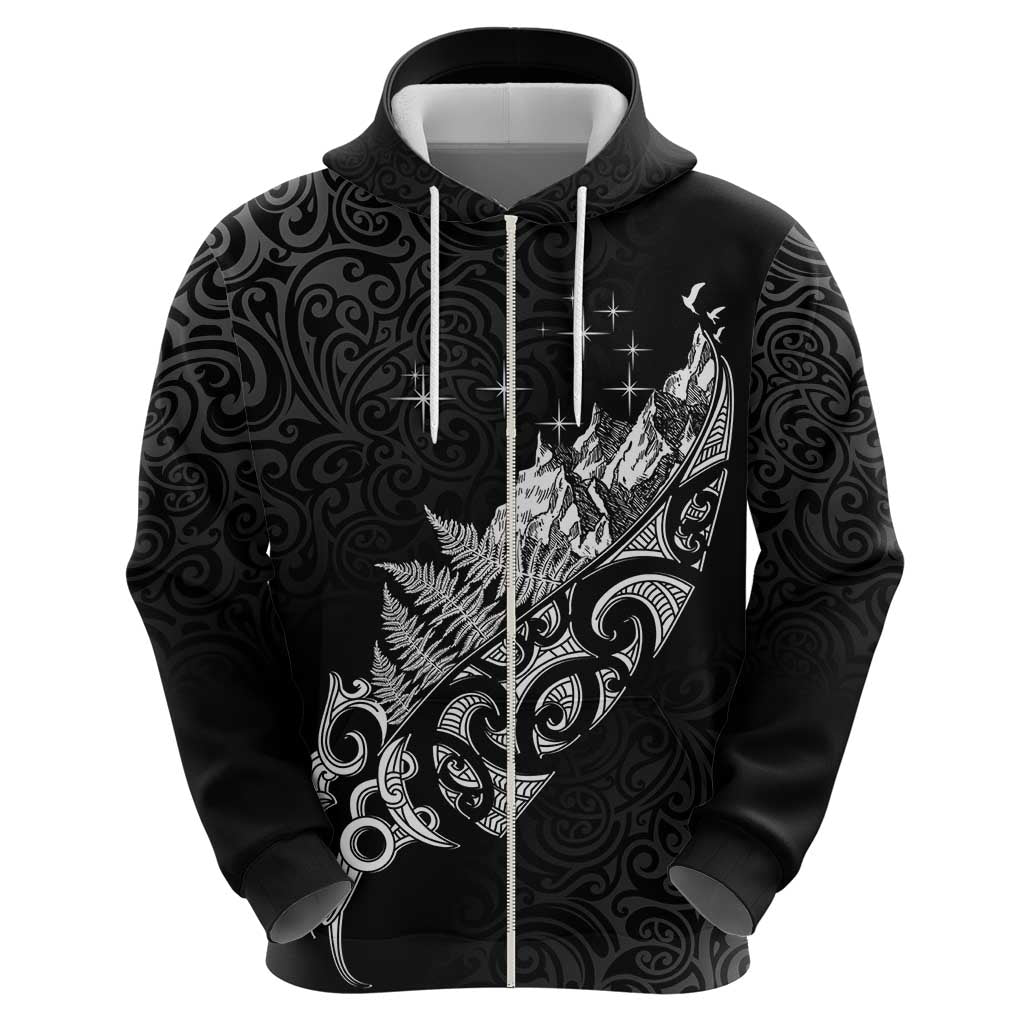 Maori Matariki Zip Hoodie Landscape Styled Fern - Monochrome LT7 - Polynesian Pride