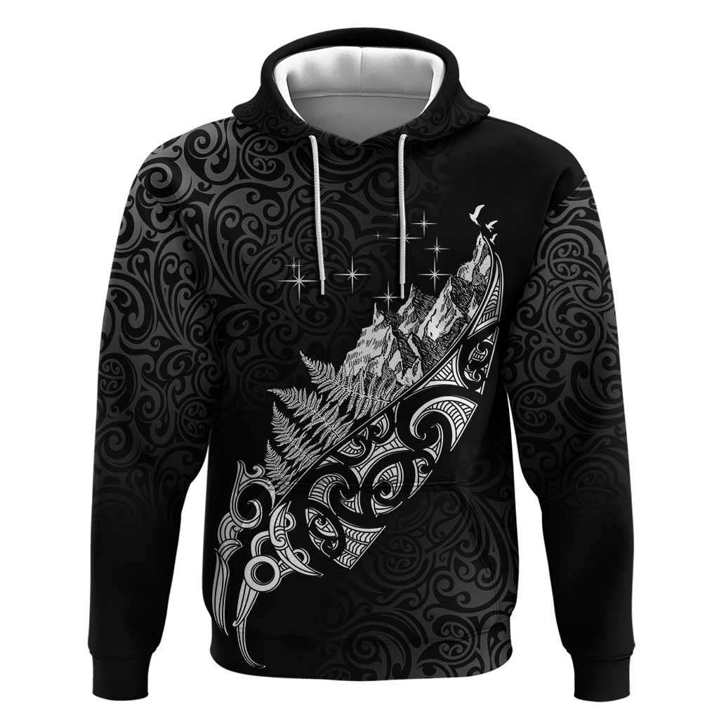 Maori Matariki Zip Hoodie Landscape Styled Fern - Monochrome LT7 Pullover Hoodie Black - Polynesian Pride