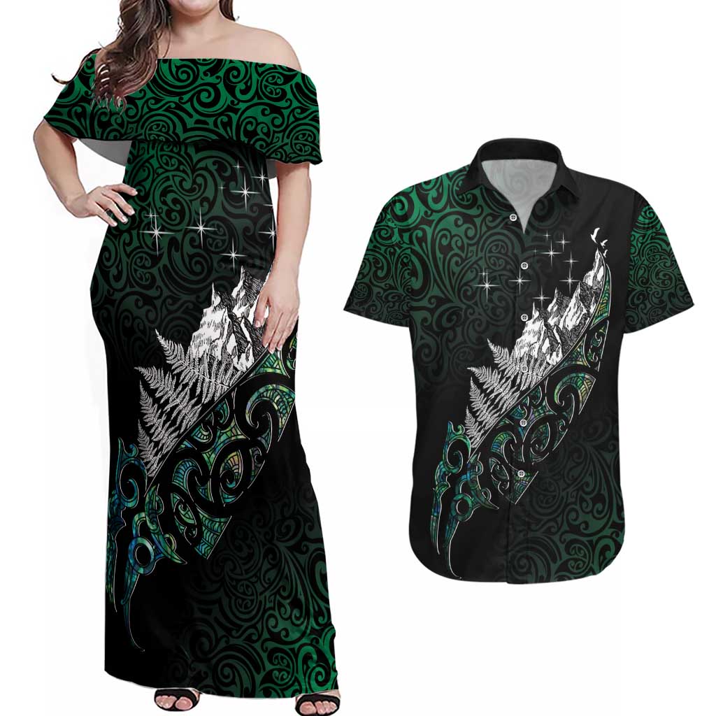 Maori Matariki Couples Matching Off Shoulder Maxi Dress and Hawaiian Shirt Landscape Styled Fern - Paua Shell