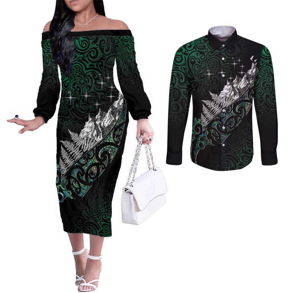 Maori Matariki Couples Matching Off The Shoulder Long Sleeve Dress and Long Sleeve Button Shirt Landscape Styled Fern - Paua Shell