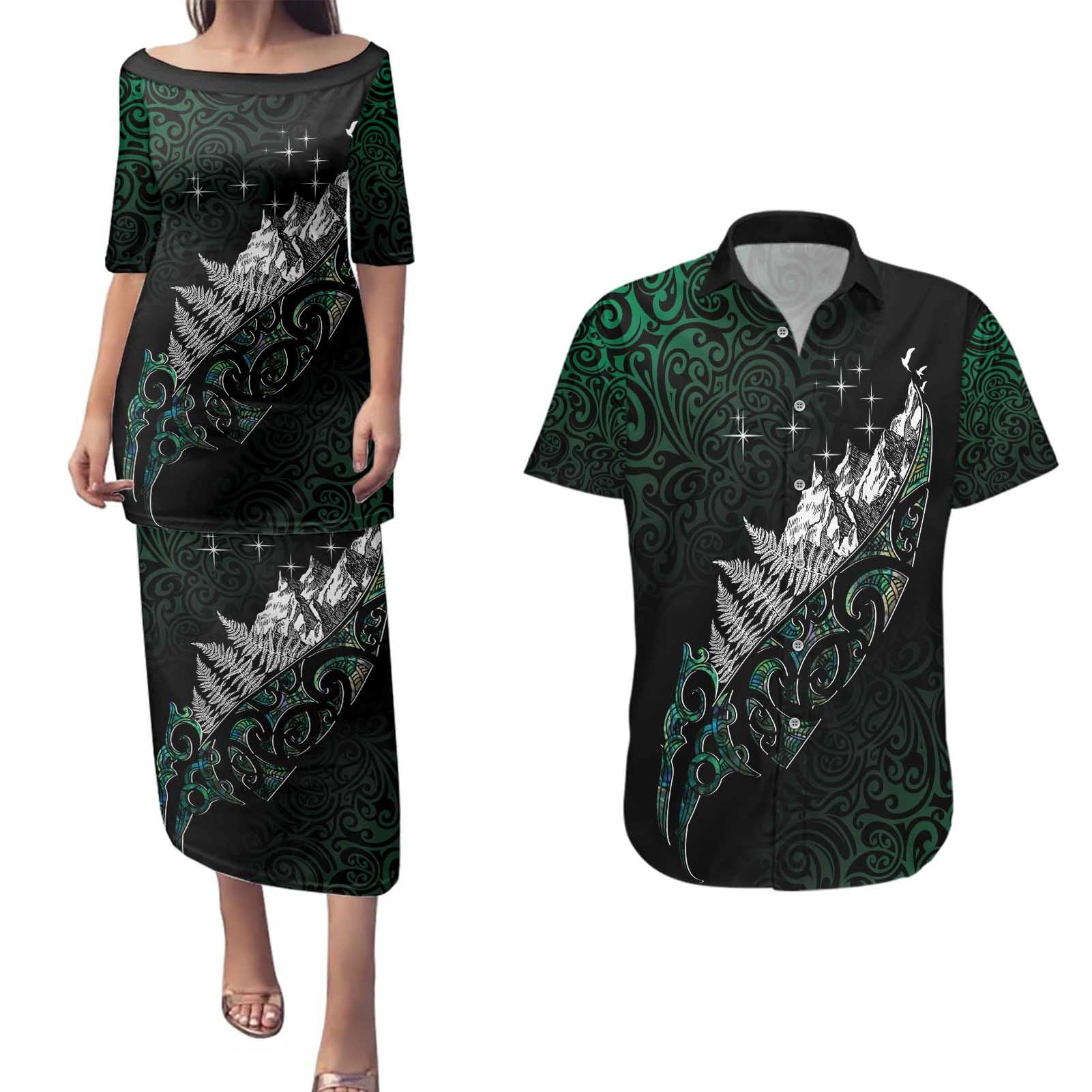Maori Matariki Couples Matching Puletasi and Hawaiian Shirt Landscape Styled Fern - Paua Shell