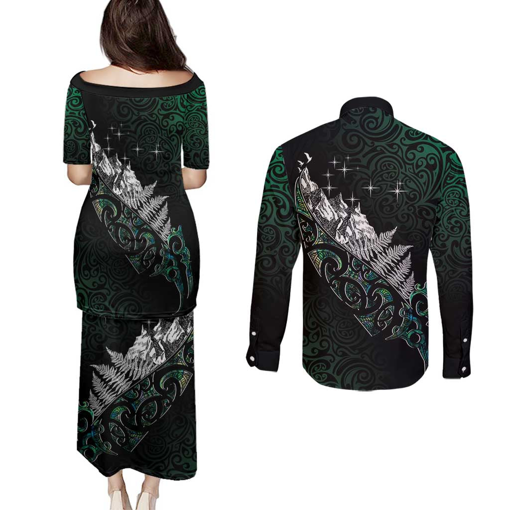 Maori Matariki Couples Matching Puletasi and Long Sleeve Button Shirt Landscape Styled Fern - Paua Shell