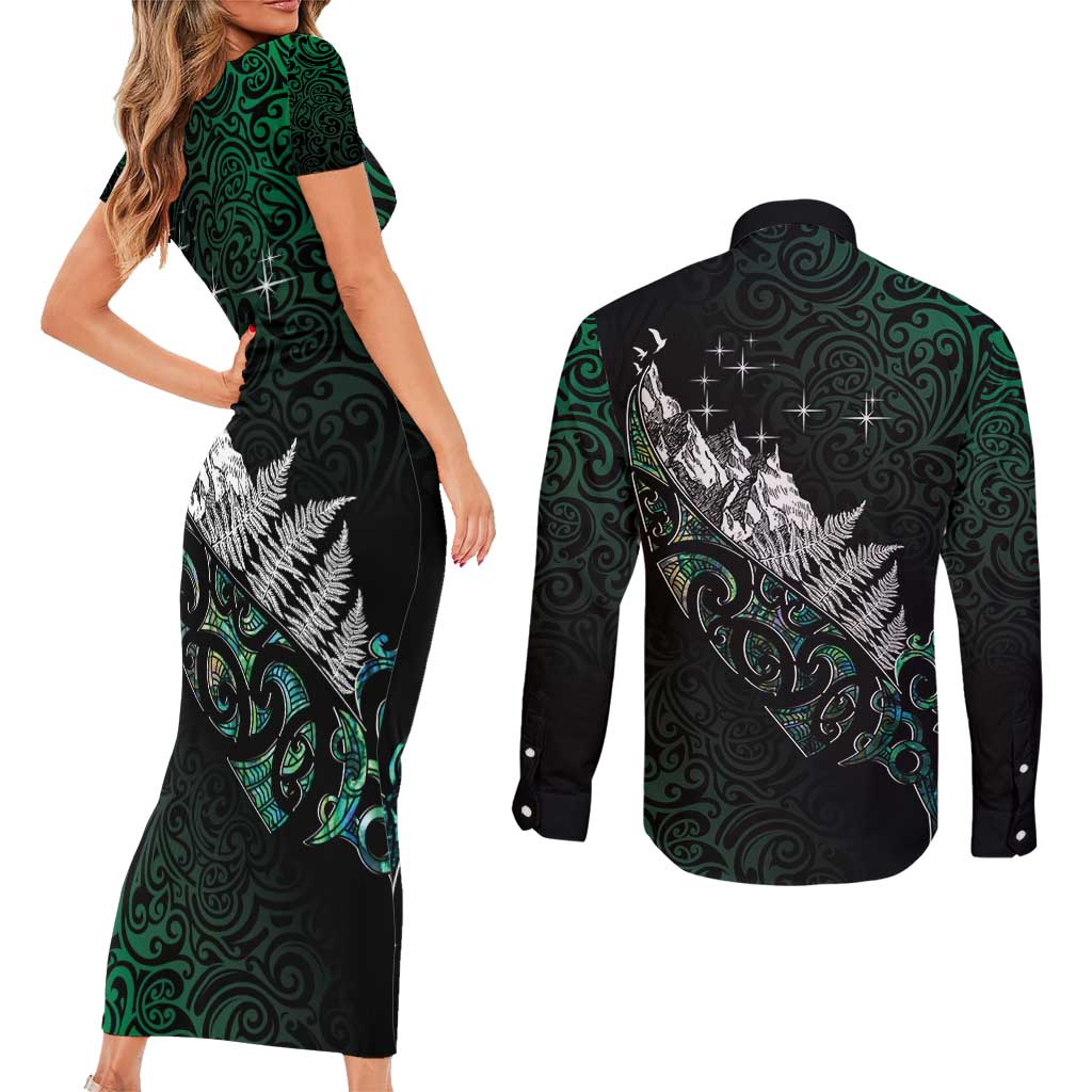 Maori Matariki Couples Matching Short Sleeve Bodycon Dress and Long Sleeve Button Shirt Landscape Styled Fern - Paua Shell