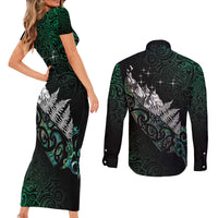 Maori Matariki Couples Matching Short Sleeve Bodycon Dress and Long Sleeve Button Shirt Landscape Styled Fern - Paua Shell
