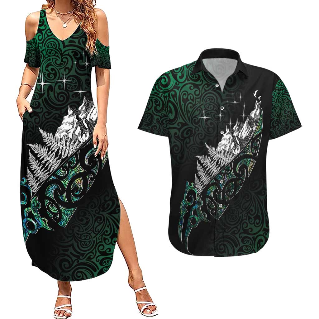 Maori Matariki Couples Matching Summer Maxi Dress and Hawaiian Shirt Landscape Styled Fern - Paua Shell
