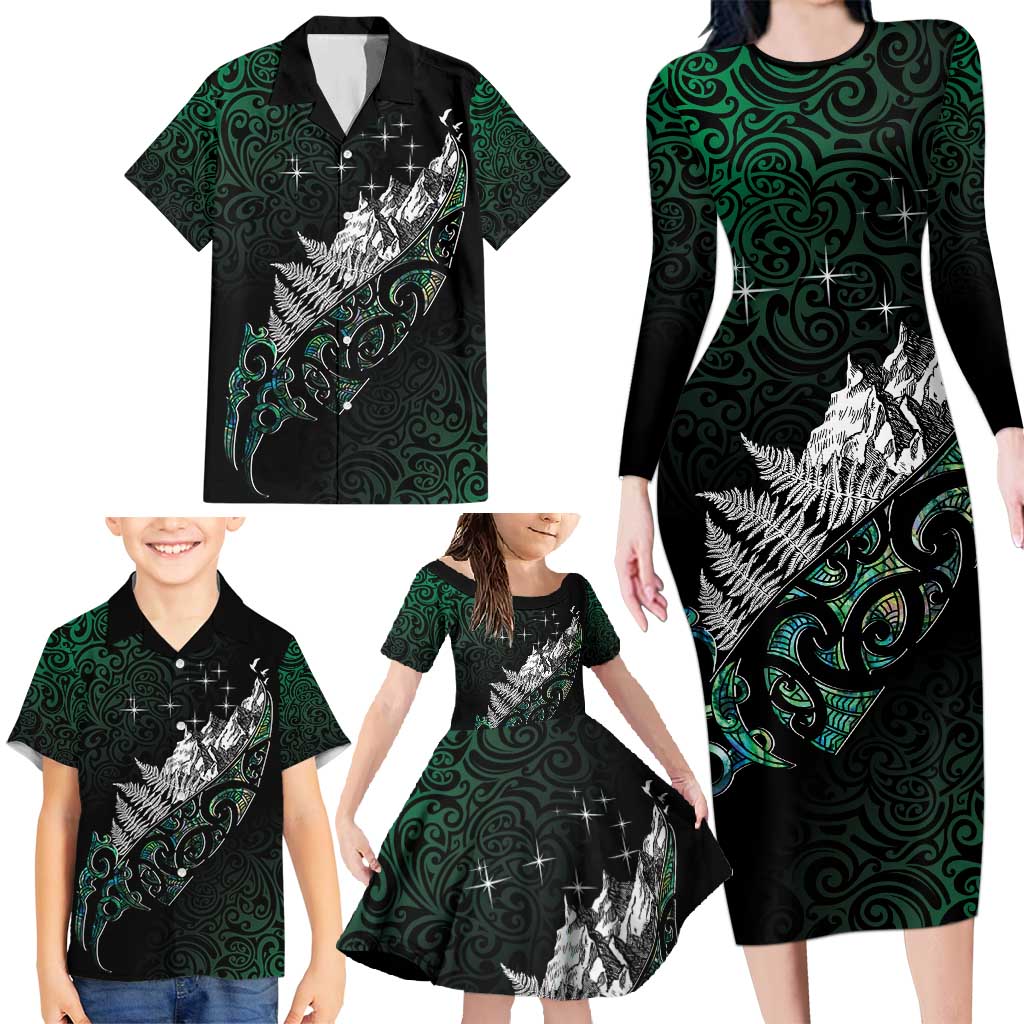 Maori Matariki Family Matching Long Sleeve Bodycon Dress and Hawaiian Shirt Landscape Styled Fern - Paua Shell