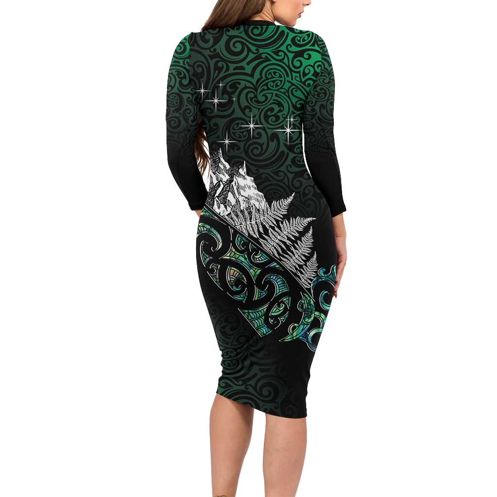 Maori Matariki Family Matching Long Sleeve Bodycon Dress and Hawaiian Shirt Landscape Styled Fern - Paua Shell