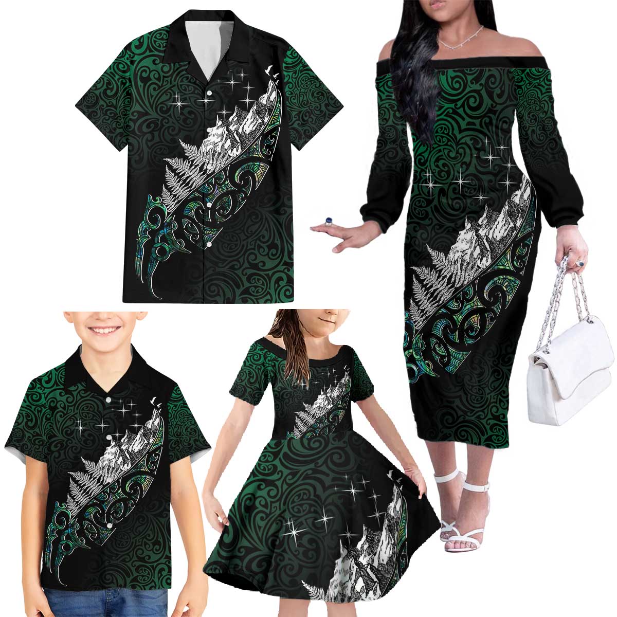 Maori Matariki Family Matching Off The Shoulder Long Sleeve Dress and Hawaiian Shirt Landscape Styled Fern - Paua Shell