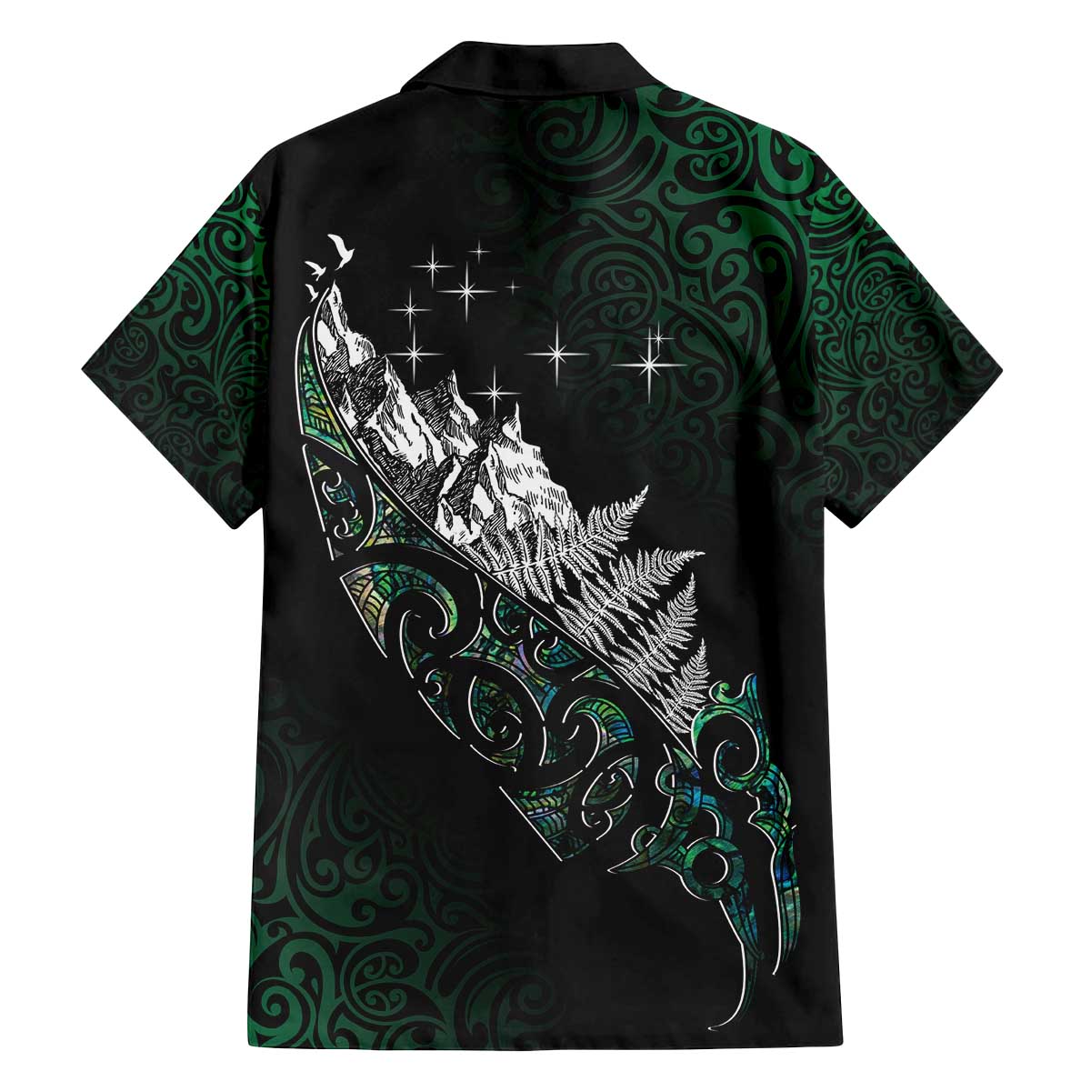 Maori Matariki Family Matching Off The Shoulder Long Sleeve Dress and Hawaiian Shirt Landscape Styled Fern - Paua Shell