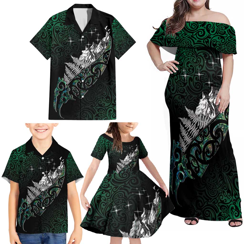 Maori Matariki Family Matching Off Shoulder Maxi Dress and Hawaiian Shirt Landscape Styled Fern - Paua Shell