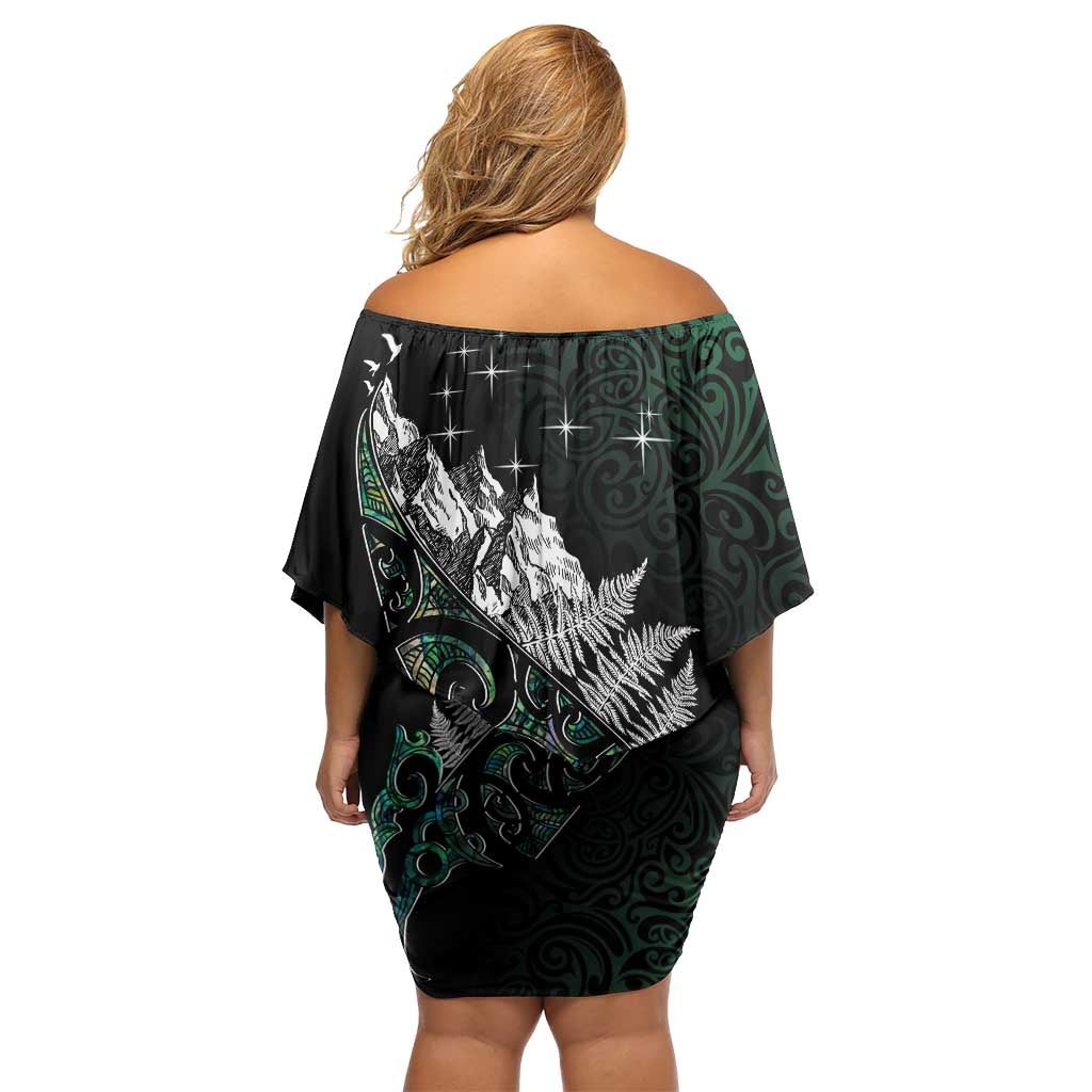 Maori Matariki Family Matching Off Shoulder Short Dress and Hawaiian Shirt Landscape Styled Fern - Paua Shell