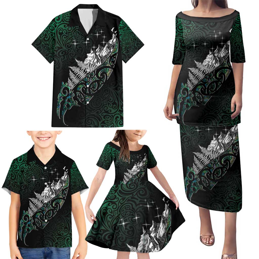 Maori Matariki Family Matching Puletasi and Hawaiian Shirt Landscape Styled Fern - Paua Shell