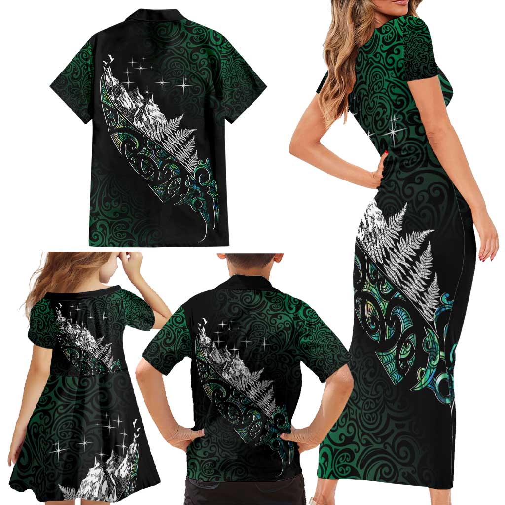 Maori Matariki Family Matching Short Sleeve Bodycon Dress and Hawaiian Shirt Landscape Styled Fern - Paua Shell