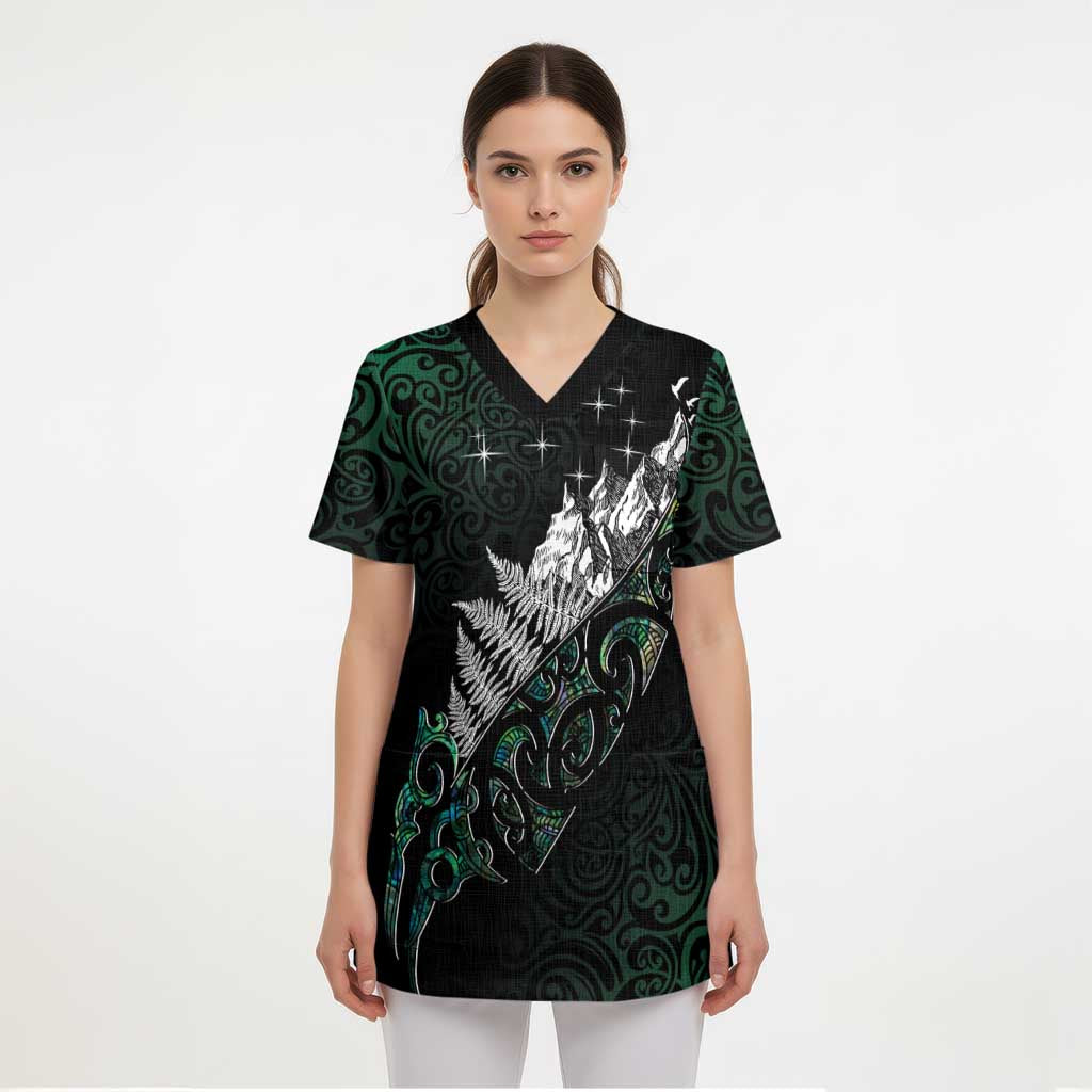 Maori Matariki Scrub Top Landscape Styled Fern - Paua Shell - Polynesian Pride
