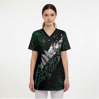 Maori Matariki Scrub Top Landscape Styled Fern - Paua Shell - Polynesian Pride