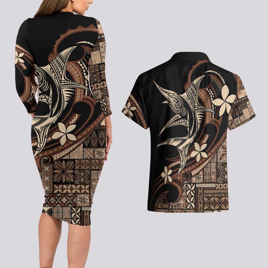 Samoa Manuia le Aso Tuto'atasi Couples Matching Long Sleeve Bodycon Dress and Hawaiian Shirt Siapo Mamanu Mix Tatau Marlin