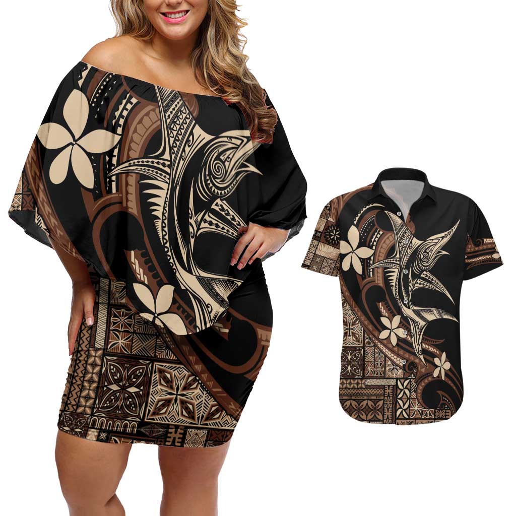 Samoa Manuia le Aso Tuto'atasi Couples Matching Off Shoulder Short Dress and Hawaiian Shirt Siapo Mamanu Mix Tatau Marlin