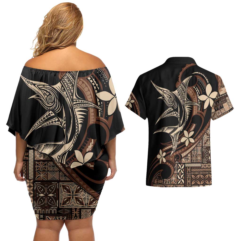 Samoa Manuia le Aso Tuto'atasi Couples Matching Off Shoulder Short Dress and Hawaiian Shirt Siapo Mamanu Mix Tatau Marlin
