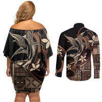Samoa Manuia le Aso Tuto'atasi Couples Matching Off Shoulder Short Dress and Long Sleeve Button Shirt Siapo Mamanu Mix Tatau Marlin