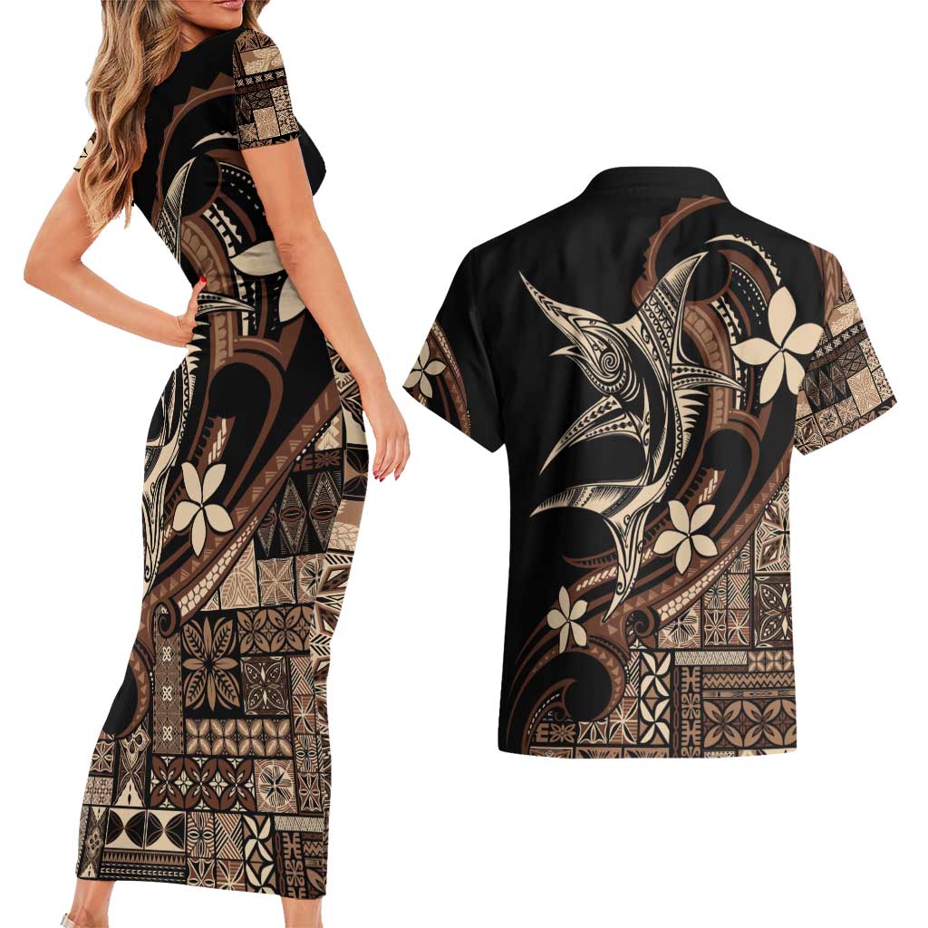 Samoa Manuia le Aso Tuto'atasi Couples Matching Short Sleeve Bodycon Dress and Hawaiian Shirt Siapo Mamanu Mix Tatau Marlin