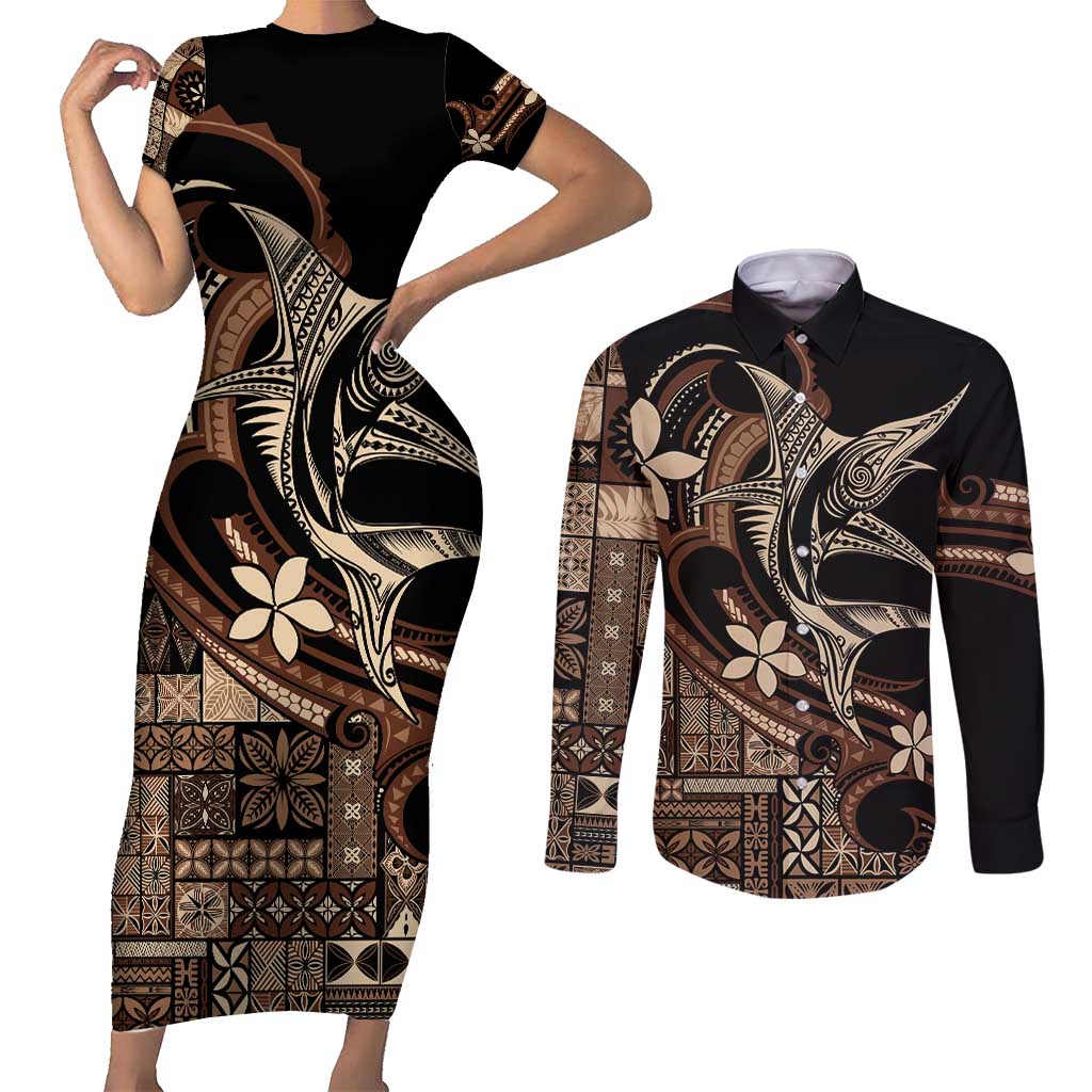 Samoa Manuia le Aso Tuto'atasi Couples Matching Short Sleeve Bodycon Dress and Long Sleeve Button Shirt Siapo Mamanu Mix Tatau Marlin
