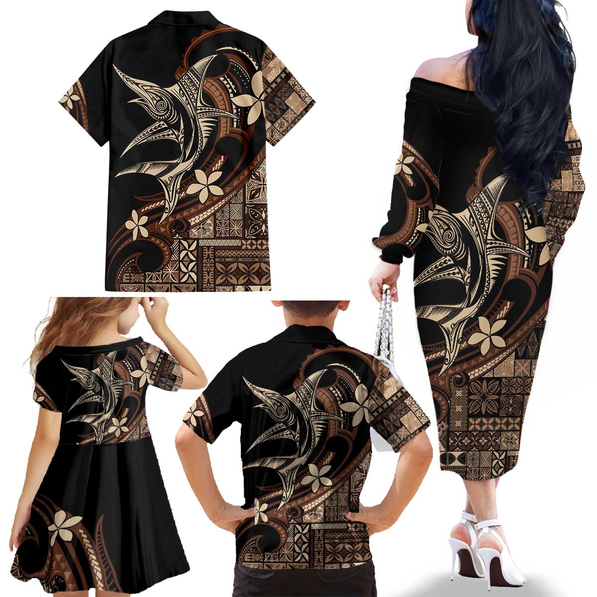 Samoa Manuia le Aso Tuto'atasi Family Matching Off The Shoulder Long Sleeve Dress and Hawaiian Shirt Siapo Mamanu Mix Tatau Marlin