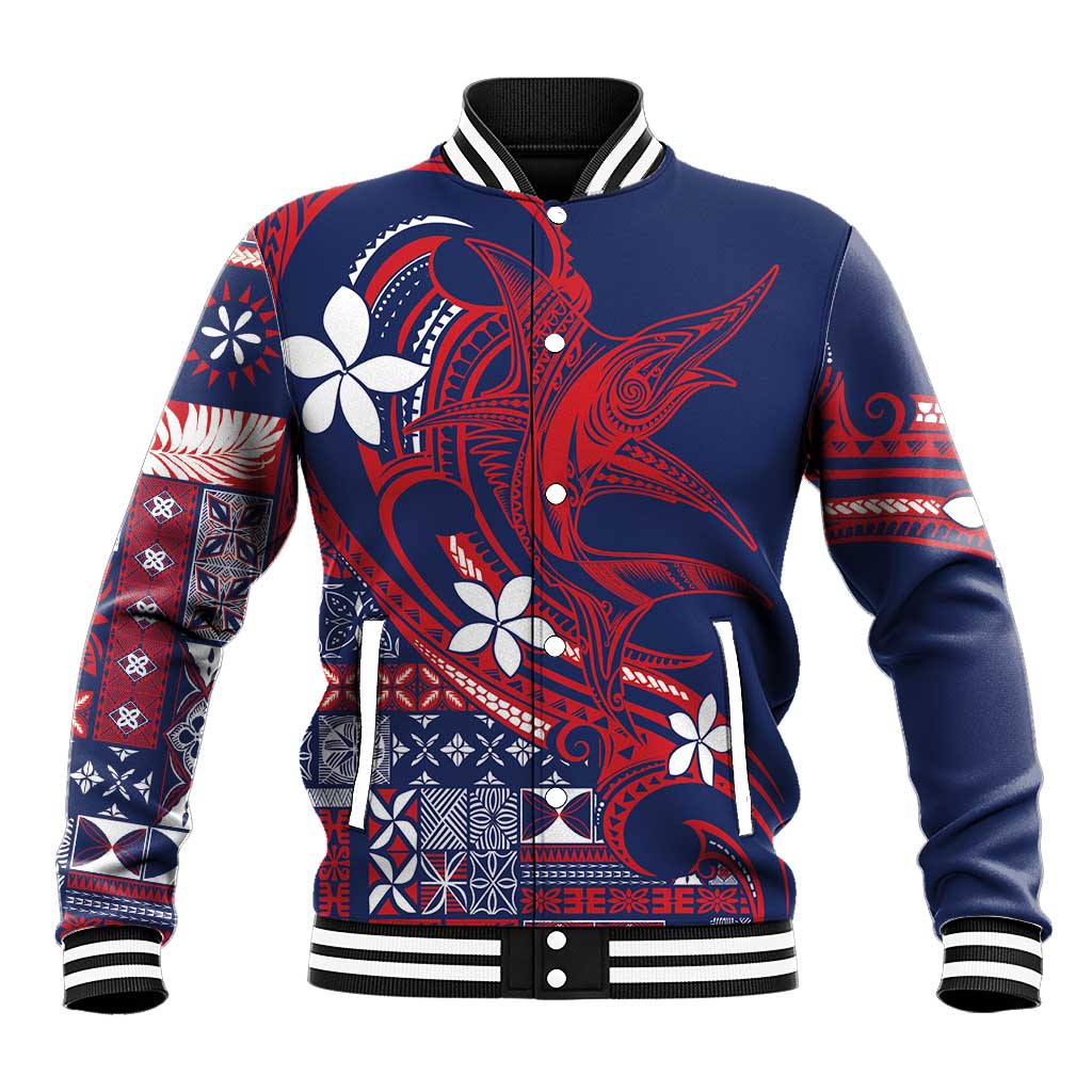 Samoa Manuia le Aso Tuto'atasi Baseball Jacket Siapo Mamanu Mix Tatau Marlin - Flag Color LT7 Unisex Blue - Polynesian Pride