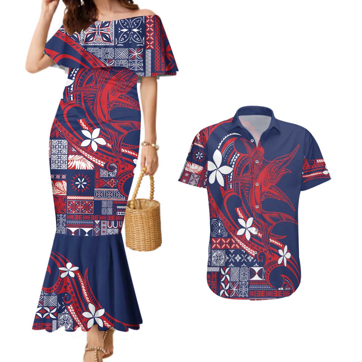 Samoa Manuia le Aso Tuto'atasi Couples Matching Mermaid Dress and Hawaiian Shirt Siapo Mamanu Mix Tatau Marlin - Flag Color LT7 Blue - Polynesian Pride