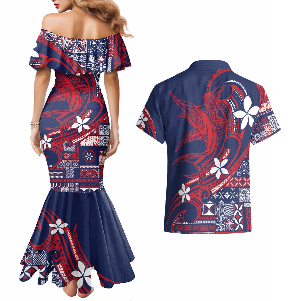 Samoa Manuia le Aso Tuto'atasi Couples Matching Mermaid Dress and Hawaiian Shirt Siapo Mamanu Mix Tatau Marlin - Flag Color LT7 - Polynesian Pride