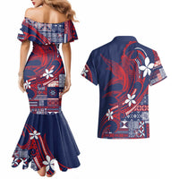 Samoa Manuia le Aso Tuto'atasi Couples Matching Mermaid Dress and Hawaiian Shirt Siapo Mamanu Mix Tatau Marlin - Flag Color LT7 - Polynesian Pride