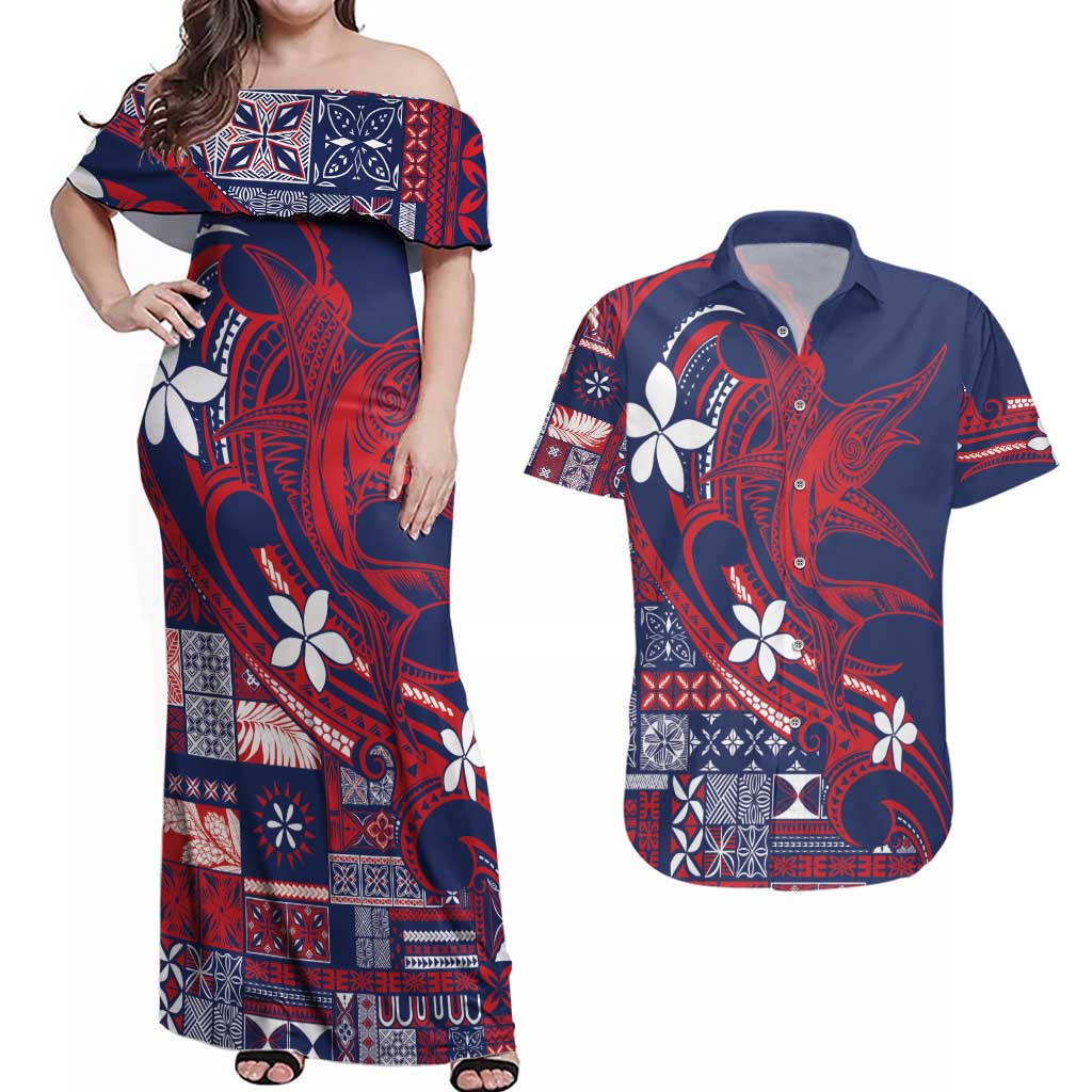 Samoa Manuia le Aso Tuto'atasi Couples Matching Off Shoulder Maxi Dress and Hawaiian Shirt Siapo Mamanu Mix Tatau Marlin - Flag Color