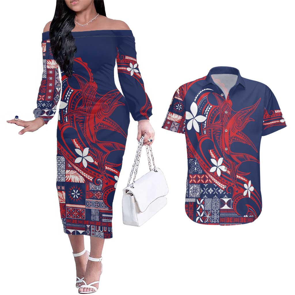 Samoa Manuia le Aso Tuto'atasi Couples Matching Off The Shoulder Long Sleeve Dress and Hawaiian Shirt Siapo Mamanu Mix Tatau Marlin - Flag Color