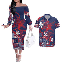 Samoa Manuia le Aso Tuto'atasi Couples Matching Off The Shoulder Long Sleeve Dress and Hawaiian Shirt Siapo Mamanu Mix Tatau Marlin - Flag Color
