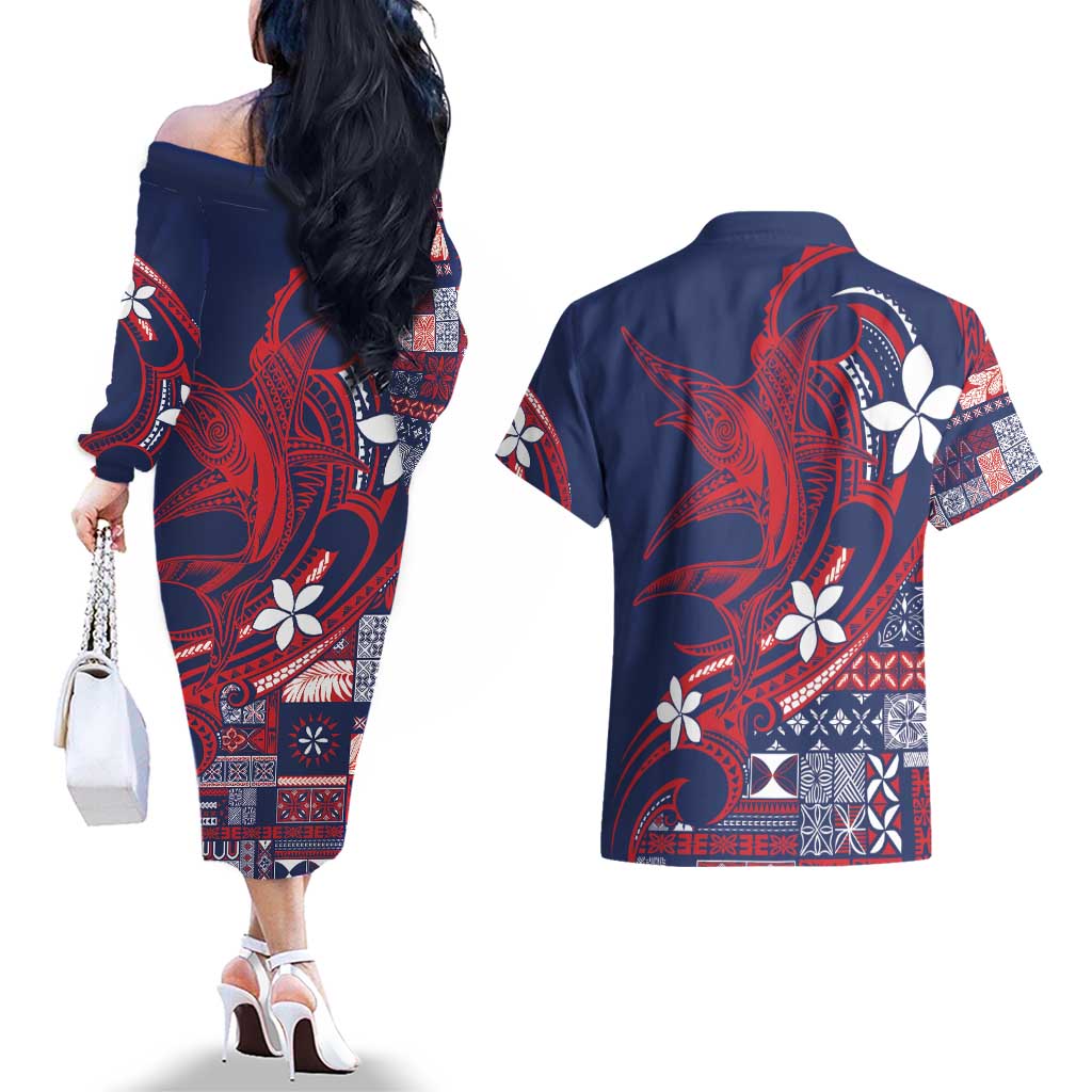 Samoa Manuia le Aso Tuto'atasi Couples Matching Off The Shoulder Long Sleeve Dress and Hawaiian Shirt Siapo Mamanu Mix Tatau Marlin - Flag Color
