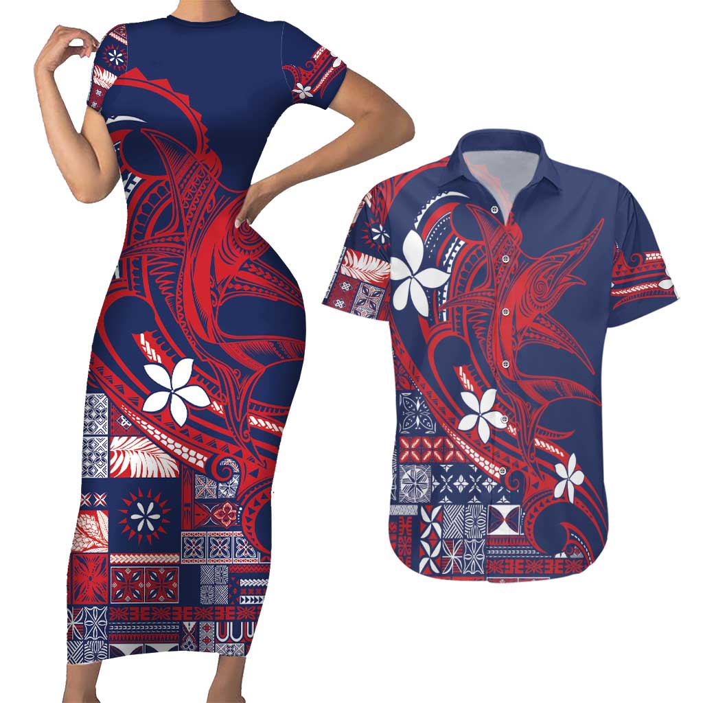 Samoa Manuia le Aso Tuto'atasi Couples Matching Short Sleeve Bodycon Dress and Hawaiian Shirt Siapo Mamanu Mix Tatau Marlin - Flag Color LT7 Blue - Polynesian Pride